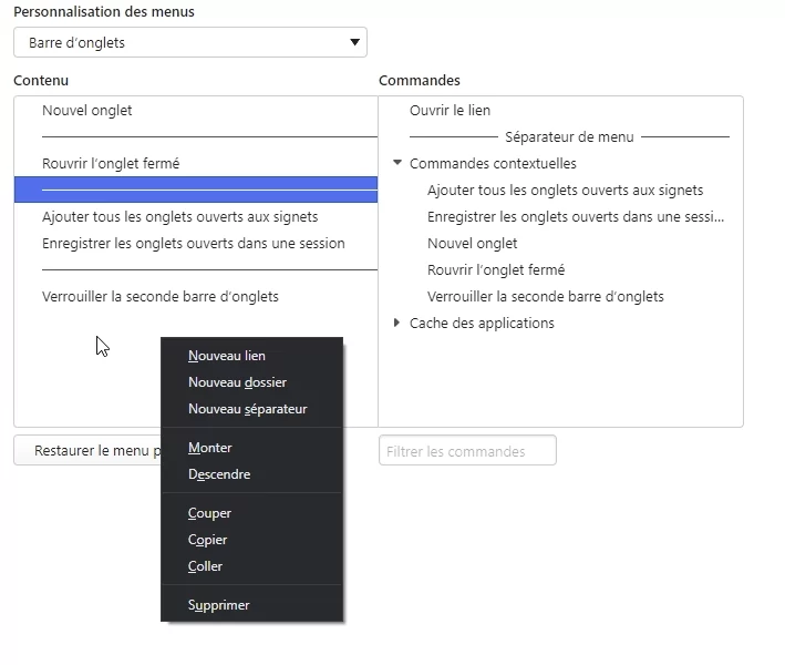 Menus Vivaldi © Capture d'écran