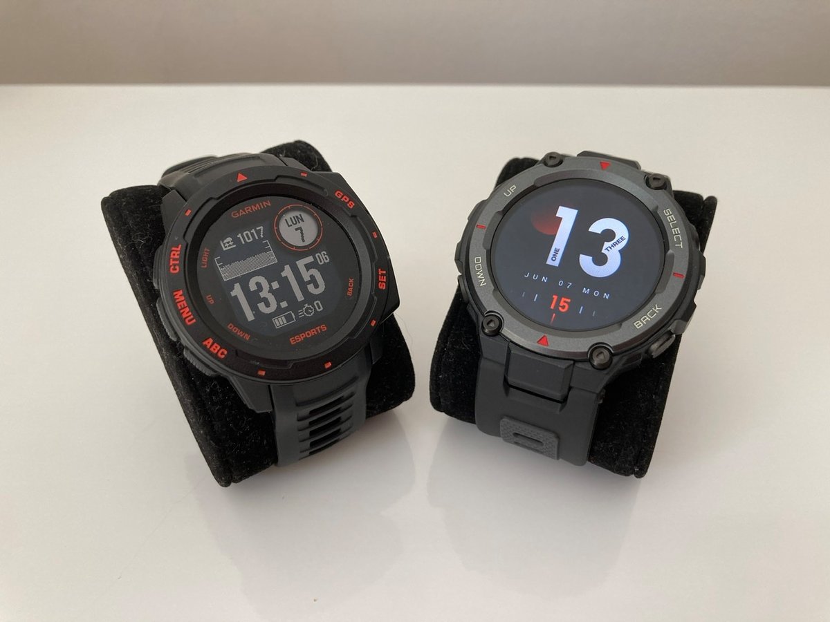 Garmin Instinct et Amazfit T-Rex Pro : deux montres « endurcies ».