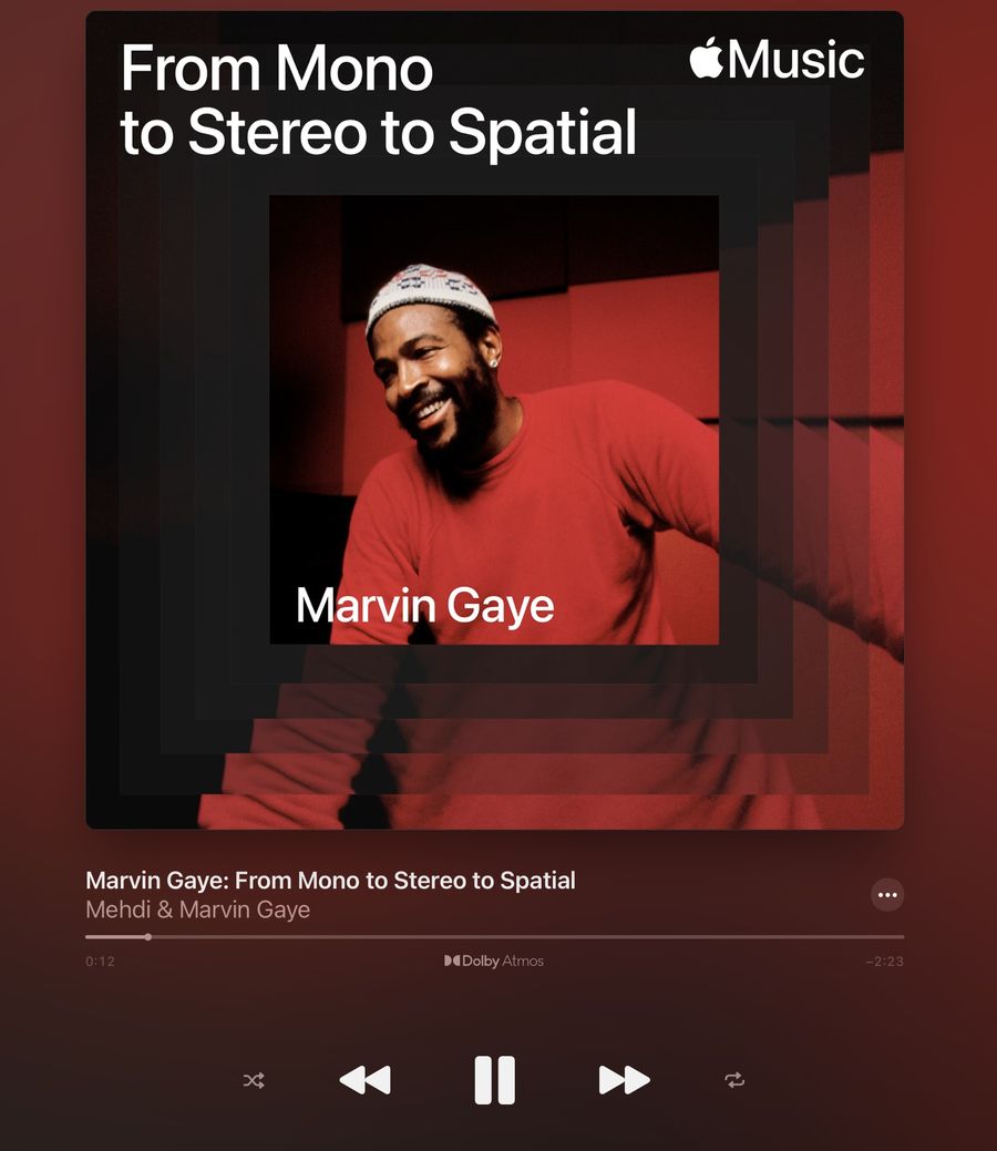 Piste « Test » mise en avant par Apple, ce petit extrait de Marvin Gaye permet d&#039;illustrer, assez avantageusement, la différence entre mono, stéréo et Dolby Atmos/Spatial Audio © Apple Music
