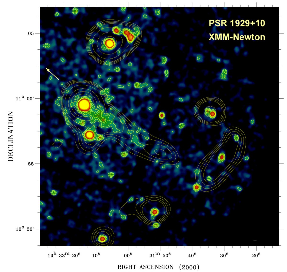 Les émissions du pulsar PSR B1929+10 observées par XMM-Newton, mettant en évidence une &quot;trainée&quot; due à son déplacement. Crédits W.Becker/Max-Planck Institut für extraterrestrische Physik