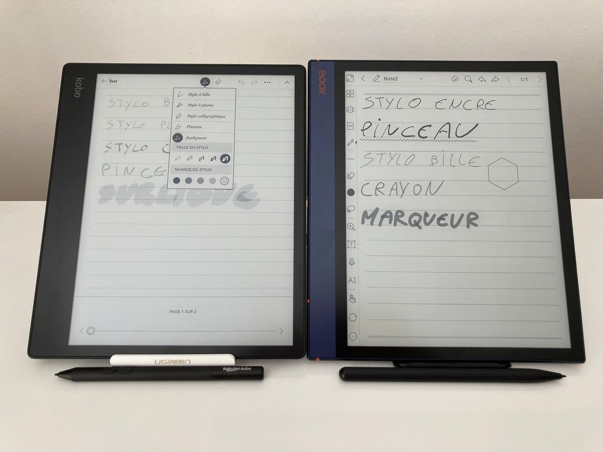 La Onyx Boox Note Air (à droite) est plus complète que la Kobo Elipsa (à gauche) sur la prise de notes.
