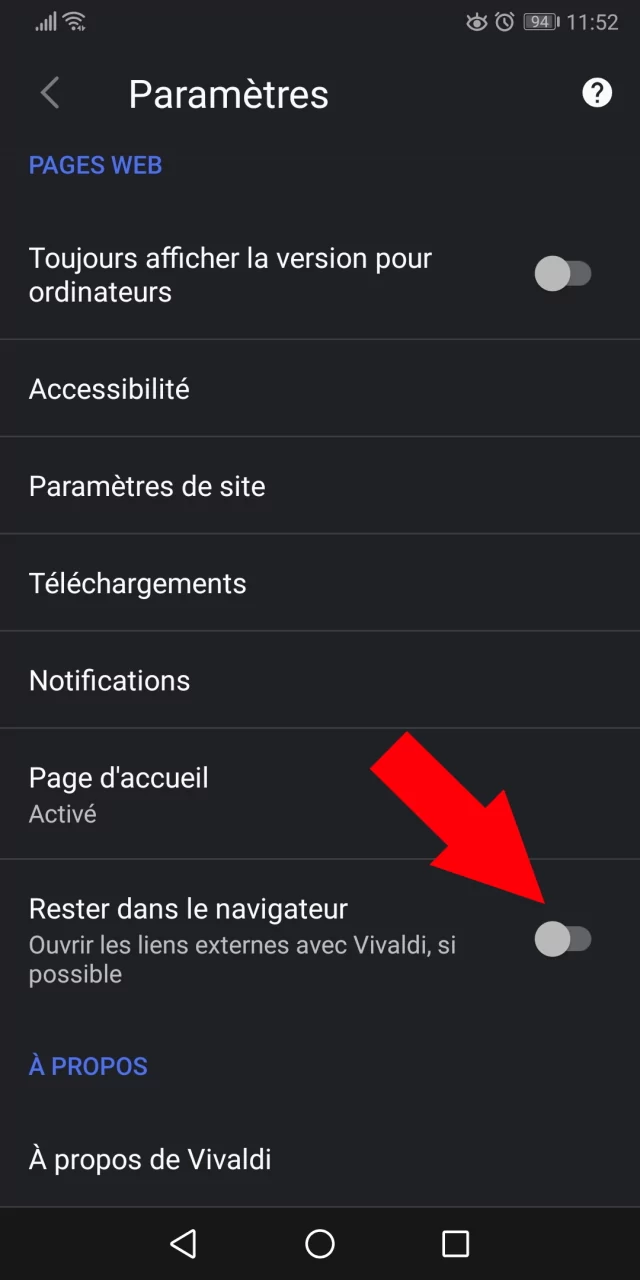 Vivaldi Android liens © Capture d'écran