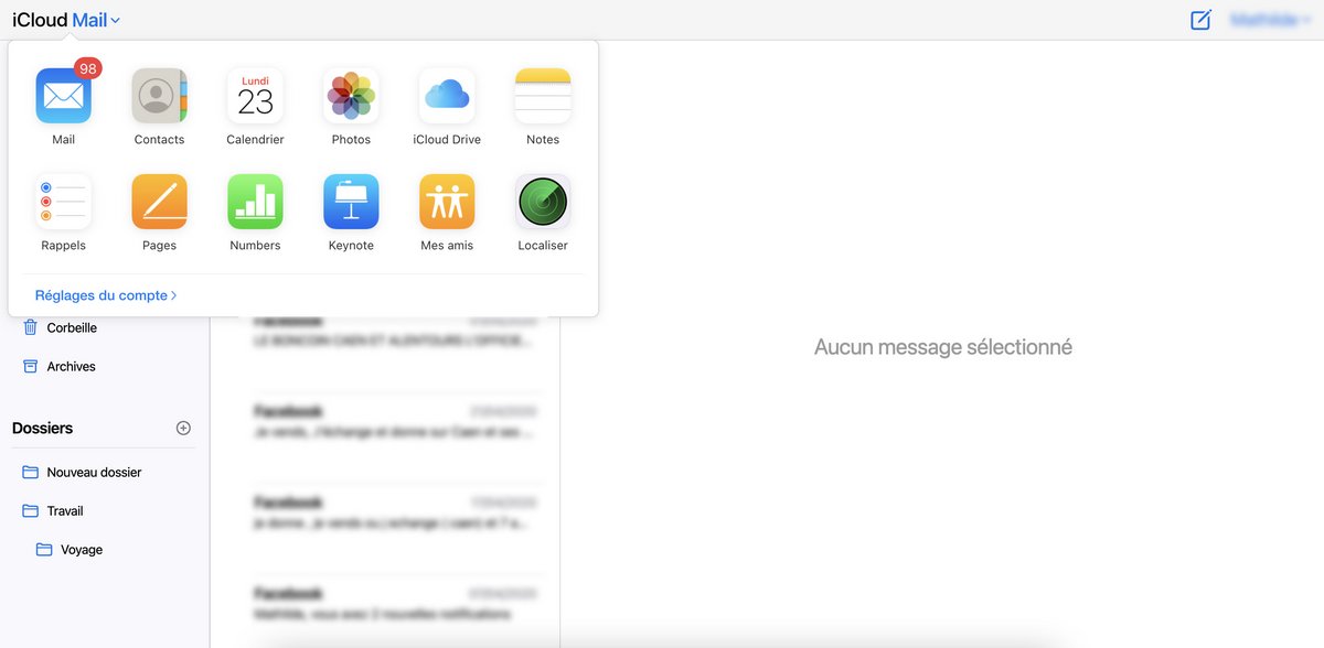 iCloud Mail - Différentes applis disponibles depuis la mailbox