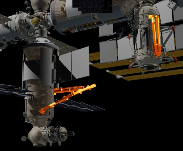 Image éditée par un artiste à partir du modèle 3D de la NASA, l&#039;ISS avec, en orange, le bras télémanipulateur et son articulation de rechange