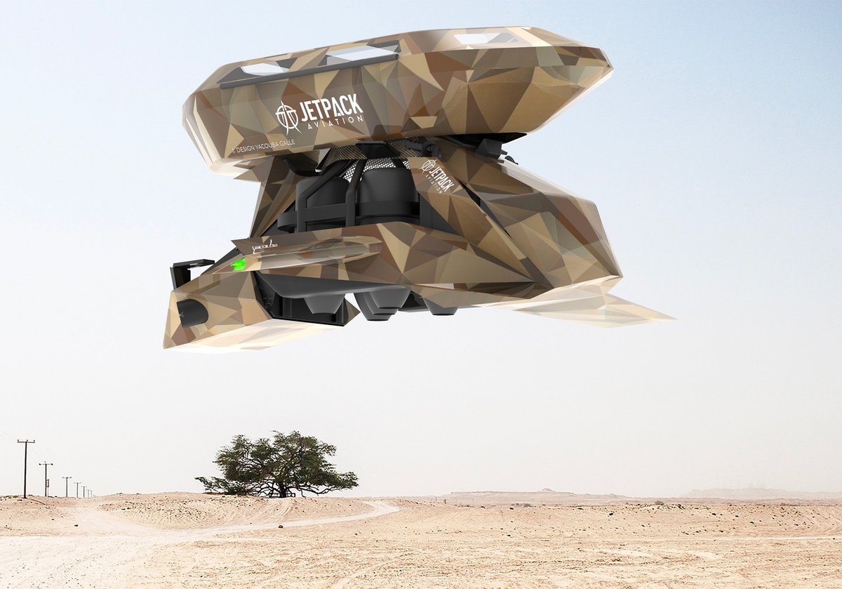 Le Speeder, en cours de développement par JPA, est disponible en version moto ou en version cargo, en mode drone. Ici, un version cargo équipée d&#039;une civière et d&#039;un camouflage militaire. © JPA