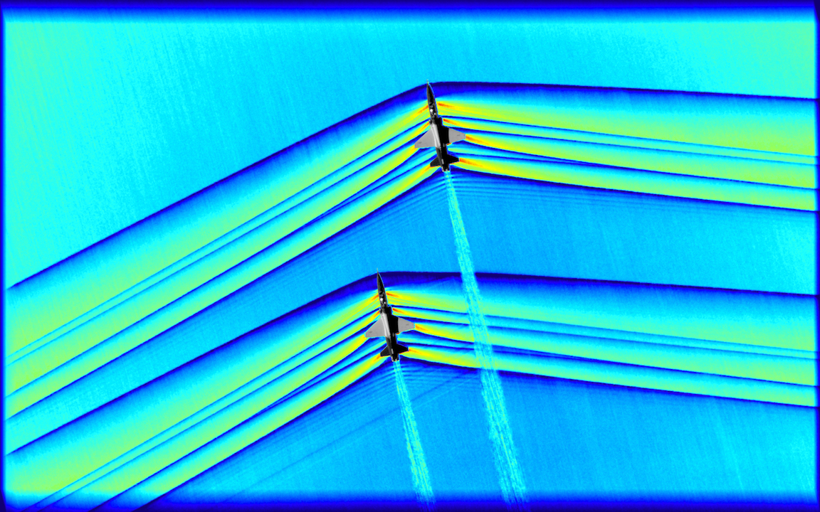 Cette photographie exceptionnelle, prise en 2019, montre les ondes de choc de deux jets volant en formation. Crédits: NASA