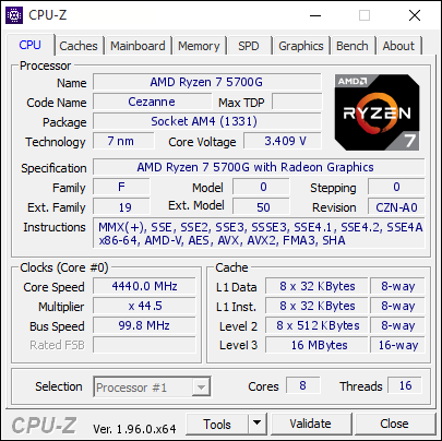 CPU-Z détaille notre Ryzen 7 5700G © Nerces