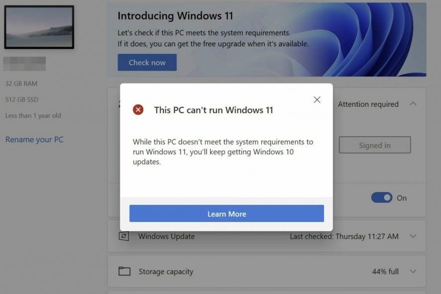 &quot;Ce PC ne peut pas accueillir Windows 11&quot; via l&#039;outil de test de MIcrosoft © Windows Report