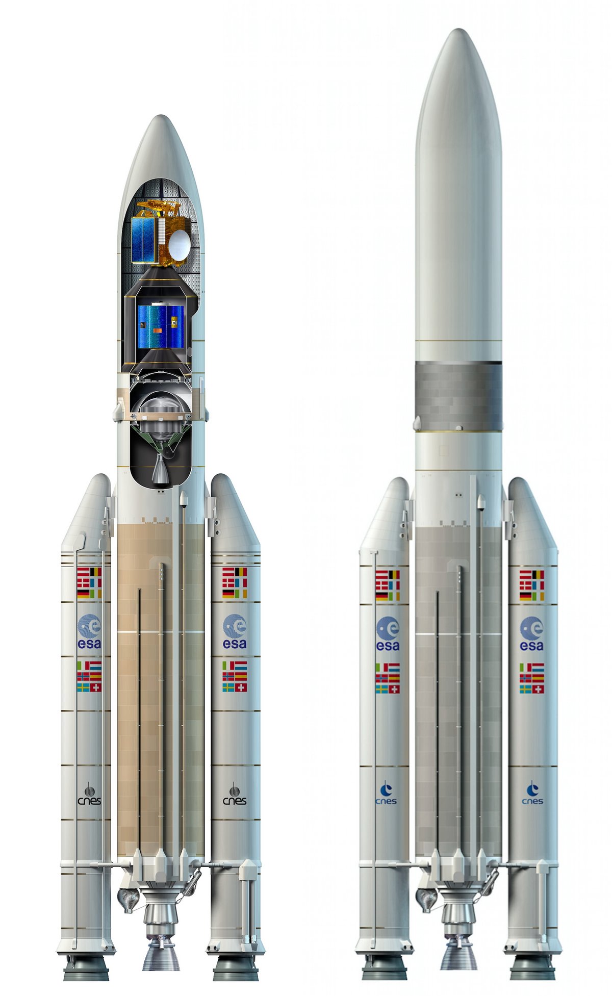 Comparatif entre l&#039;Ariane 5 ECA actuelle et l&#039;Adapted Ariane 5 ME proposée comme transition vers Ariane 6. La coiffe aurait pu atteindre 20m de haut à elle seule. © ESA