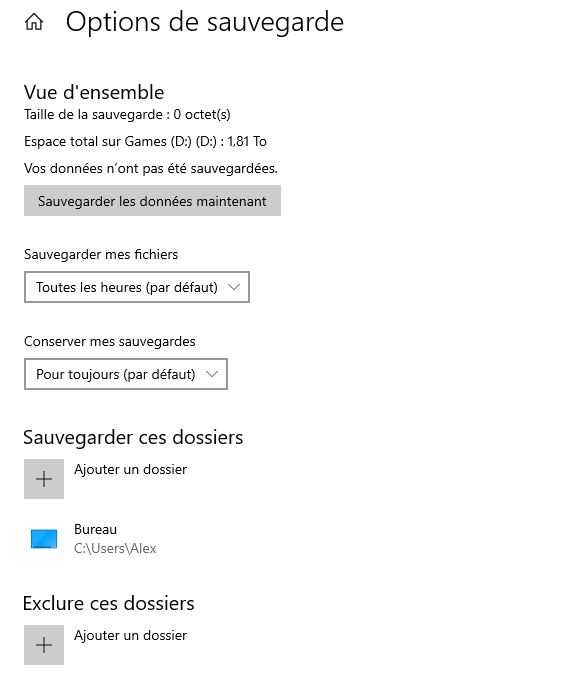 Options de sauvegarde Windows 10