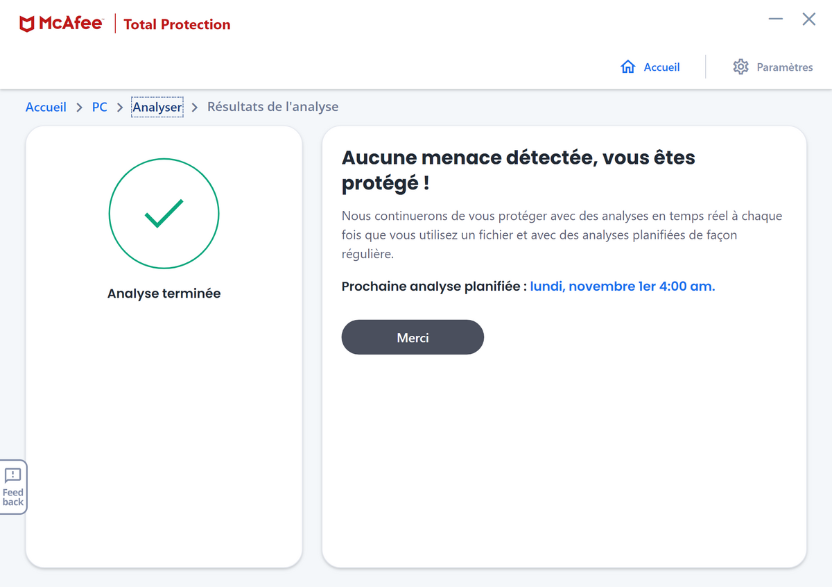 McAfee Total Protection - Résultats analyse