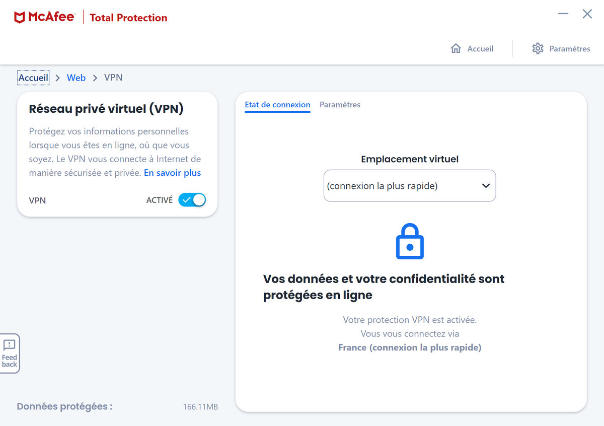 McAfee Total Protection - Connexion VPN