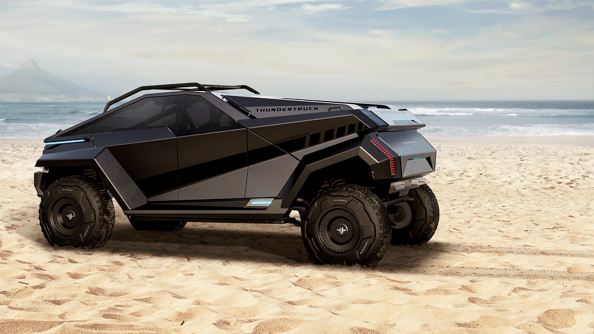 En 4x4 ou en 6x6, le Thundertruck est un concept étonnant de tout-terrain électrique à panneaux solaires dépliables