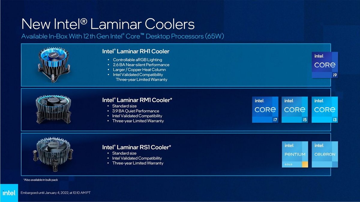 Intel déploie trois nouveaux dissipateurs : le Core i5-12400 est livré avec le Laminar RM1 Cooler © Intel