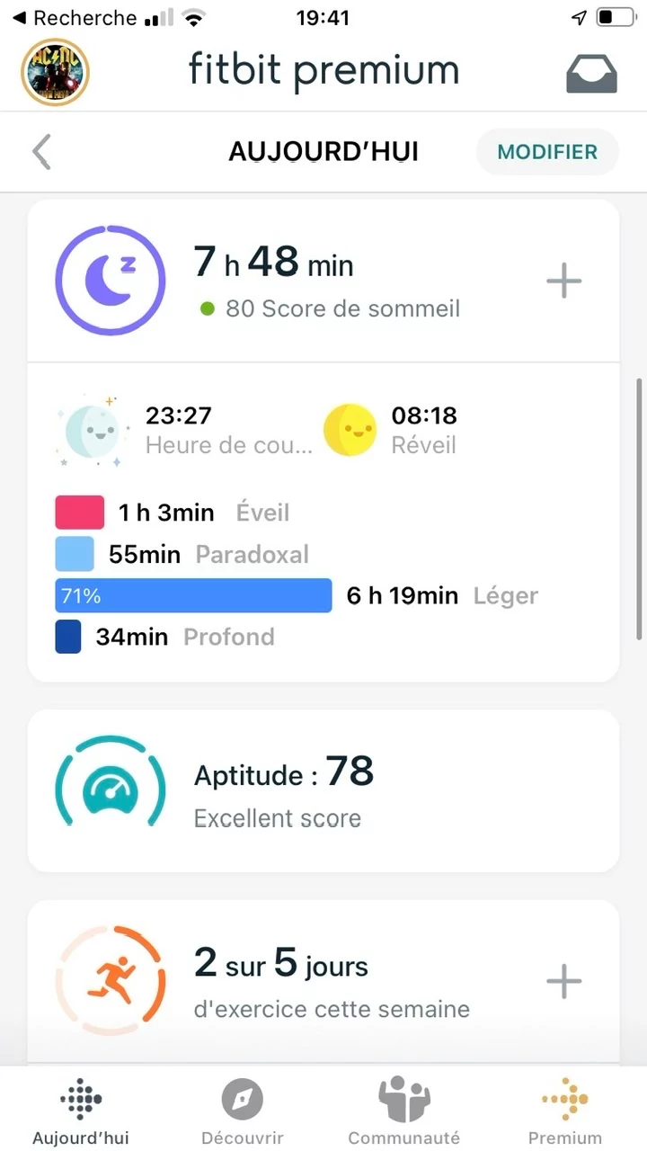 Appli Fitbit - Menu principal 2 © Johan Gautreau