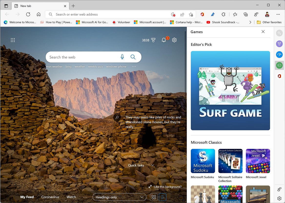 Microsoft Edge, la barre latérale s'affiche : jeux, speedtest ou Microsoft Rewards