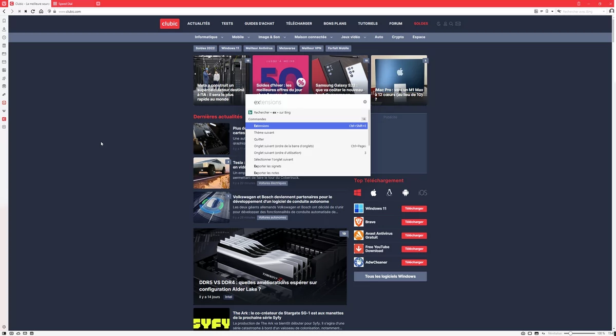 commandes rapides Vivaldi © Capture d'écran