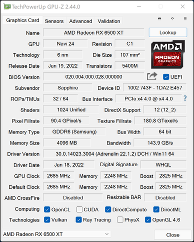 Notre Sapphire Pulse Radeon RX 6500XT est passée au crible de GPU-Z © Nerces