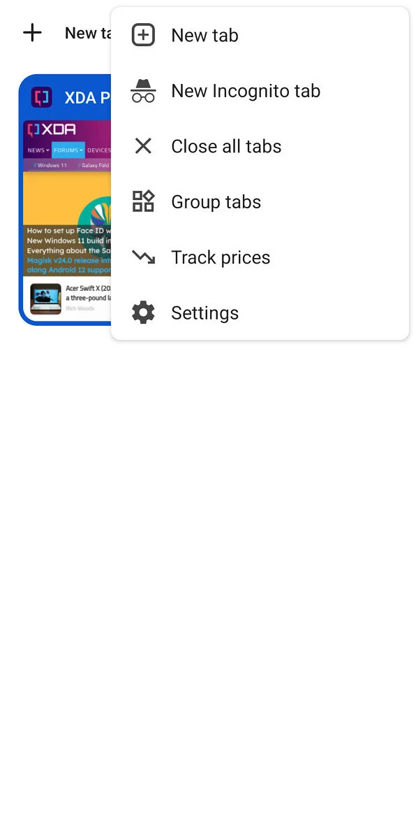 Chrome Android - pop up onglets © XDA Developers