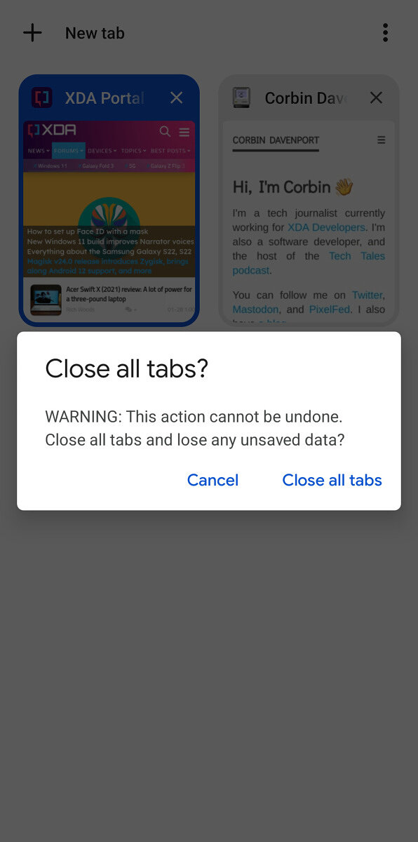 Chrome Android - pop up onglets © XDA Developers