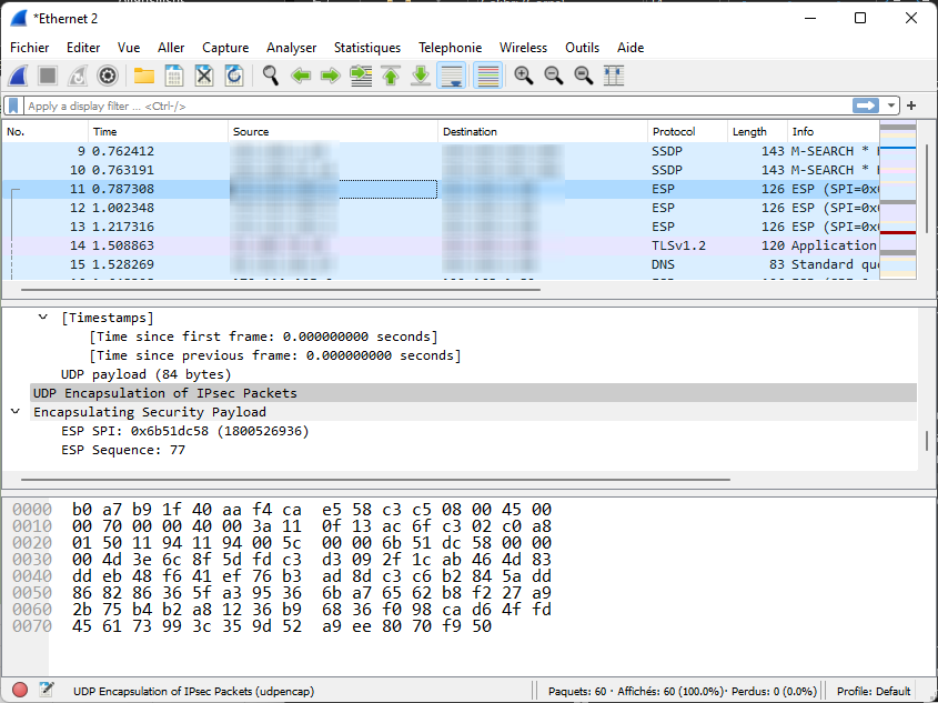 L&#039;analyse Wireshark révèle l&#039;encapsulation UDP-ESP des paquets IPsec