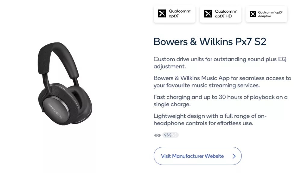 Évolution d'un casque nomade haut de gamme, le Bowers & Wilkins PX7 S2 apparait sur le site AptX