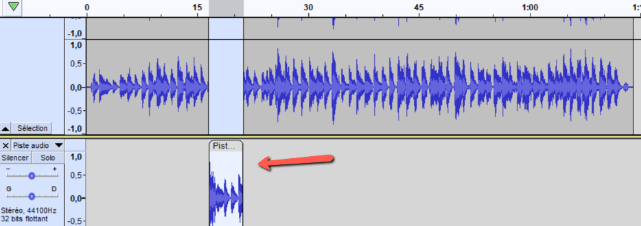 Audacity Piste audio scindée en deux © Audacity