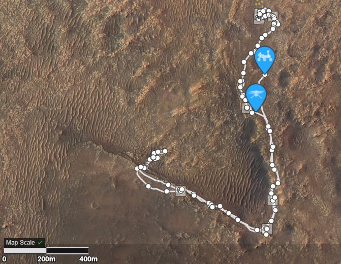 Le parcours de Perseverance en un an. Il y a deux semaines, il était encore tout à gauche, dans les sables de Seitah ! © NASA / JPL-Caltech