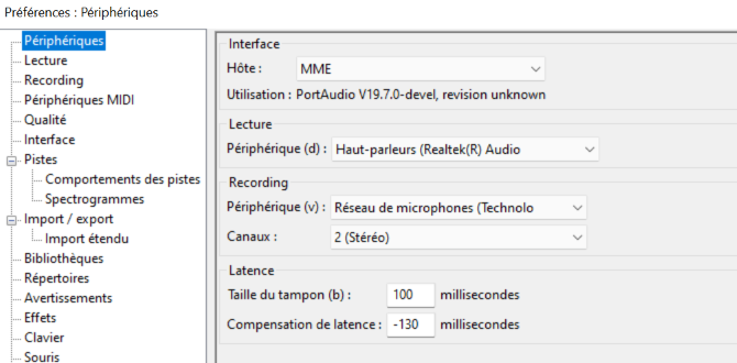 Audacity Périphérique audio réglage © Audacity