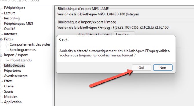 Audacity Succès installation ffmegp sur windows © Audacity