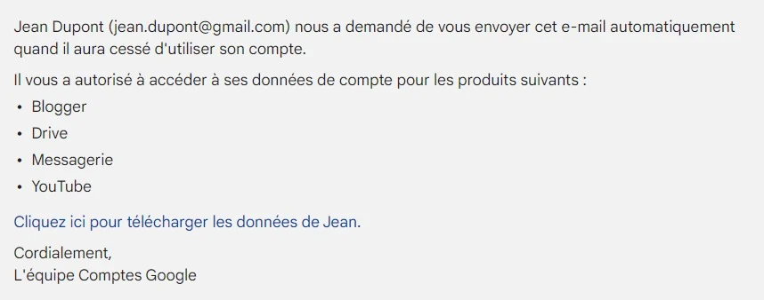 Mail Google envoyé au proche décès