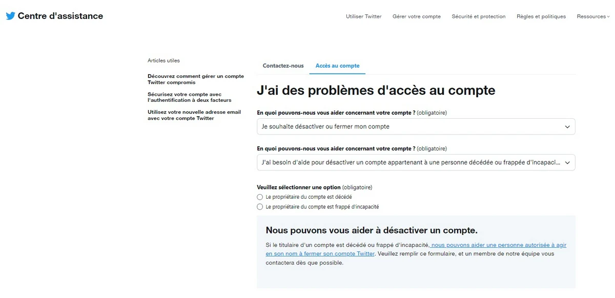 Page suppression compte ou décès Twitter