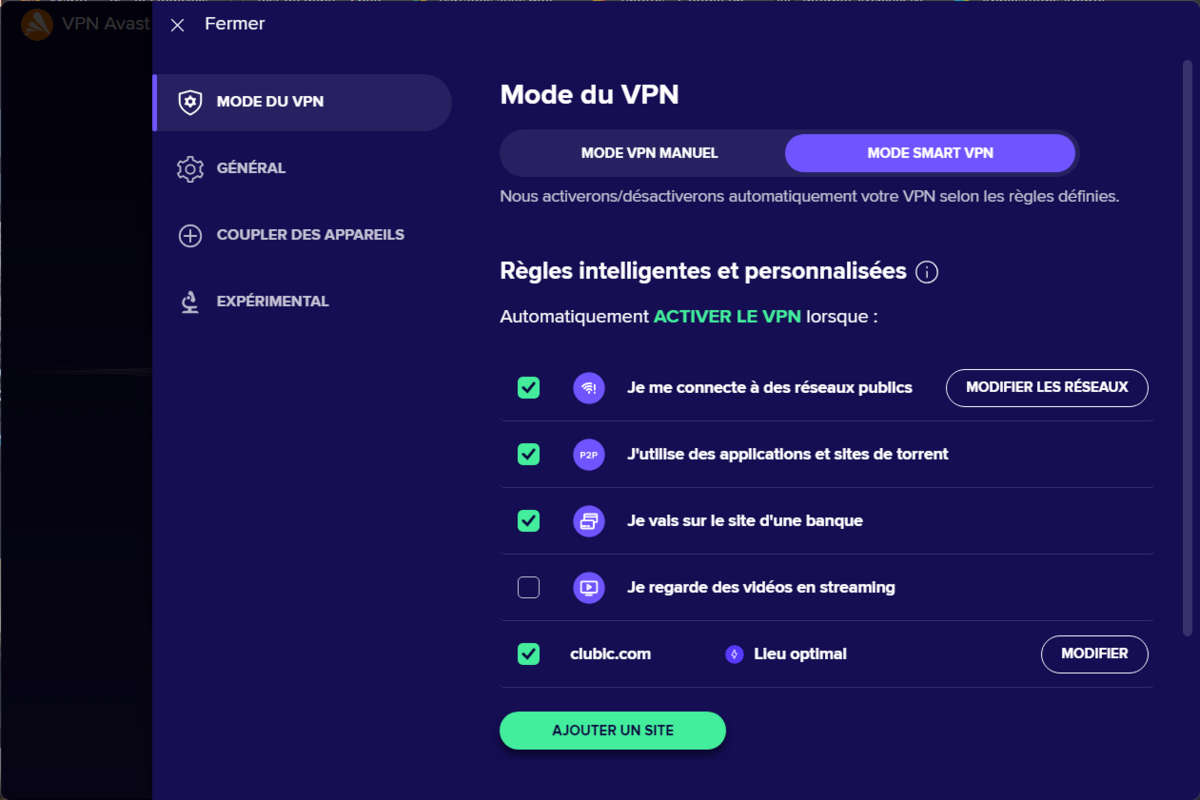 Avast SecureLine VPN - les modes