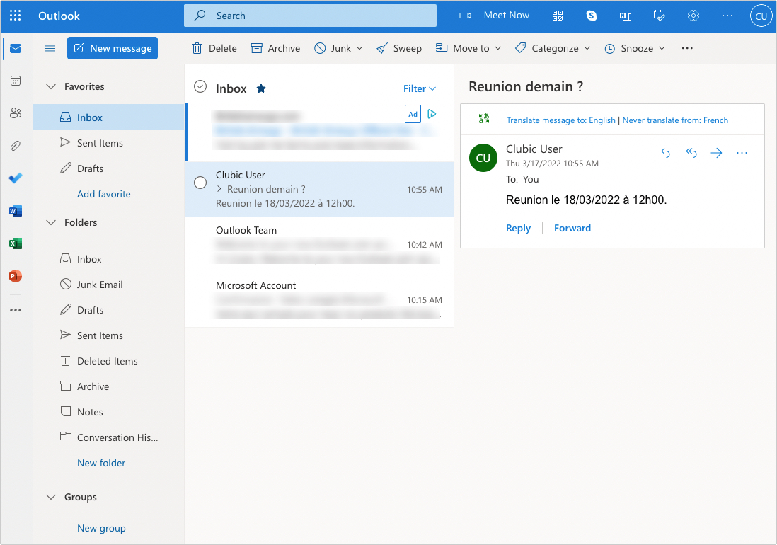 Microsoft 365 Online - Interface de la messagerie Outlook