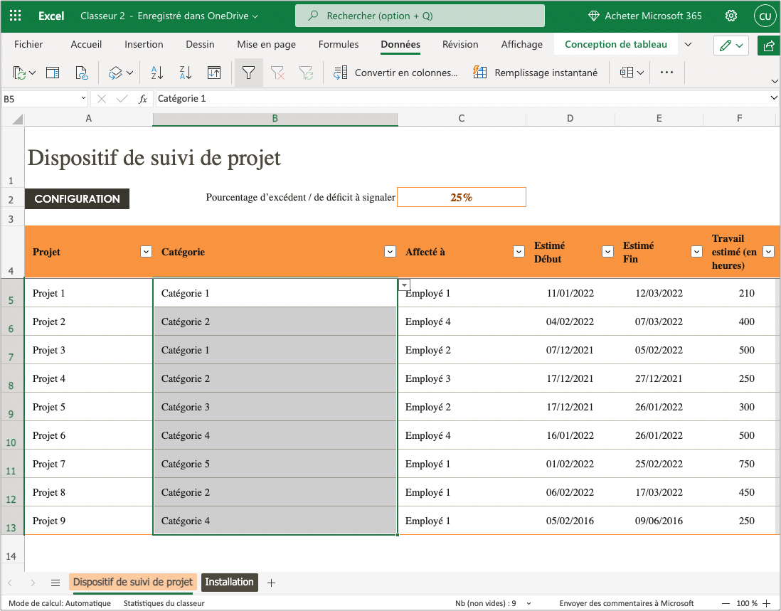 Microsoft 365 Online - Document ouvert au sein du tableur Excel