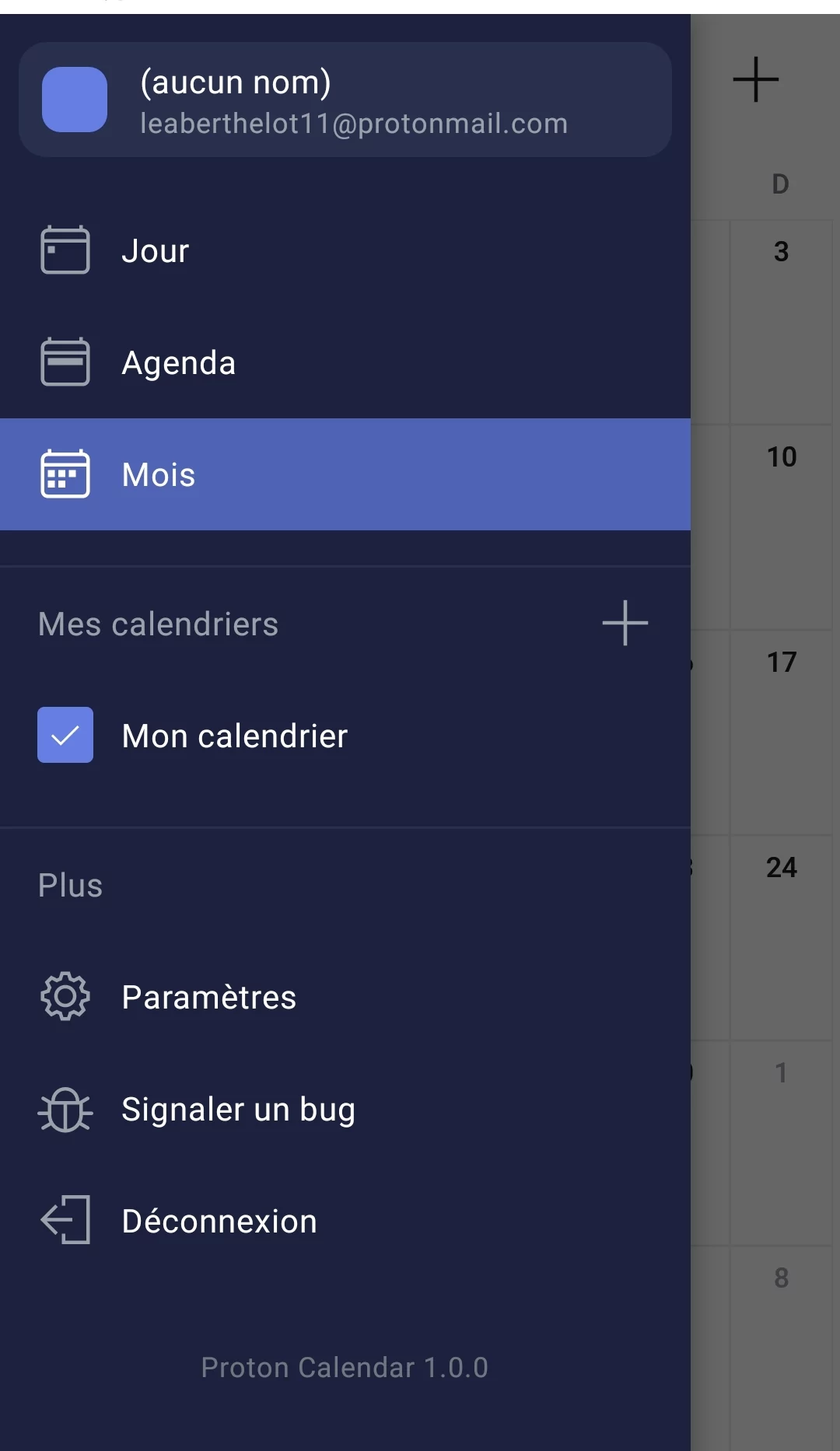 paramètres compte proton calendar