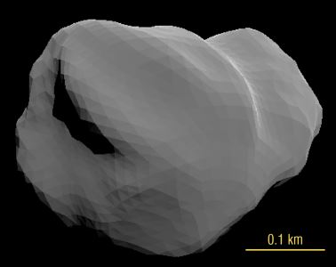 Vue simulée de l'astéroïde Apophis à partir de relevés radar dont disposent les scientifiques de l'Université de l'Arizona. Crédits : UArizona/JPL/Arecibo