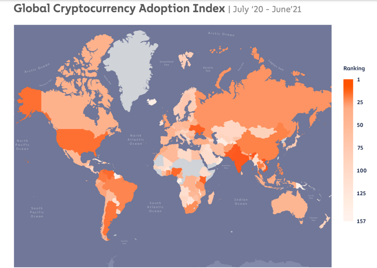 Adoption des cryptos dans le monde selon Chainalysis (plus la couleur est foncée, plus les cryptos sont utilisées) — © Chainalysis