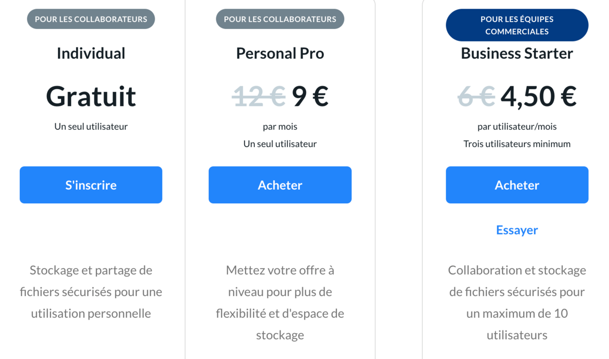 Tarifs box.com