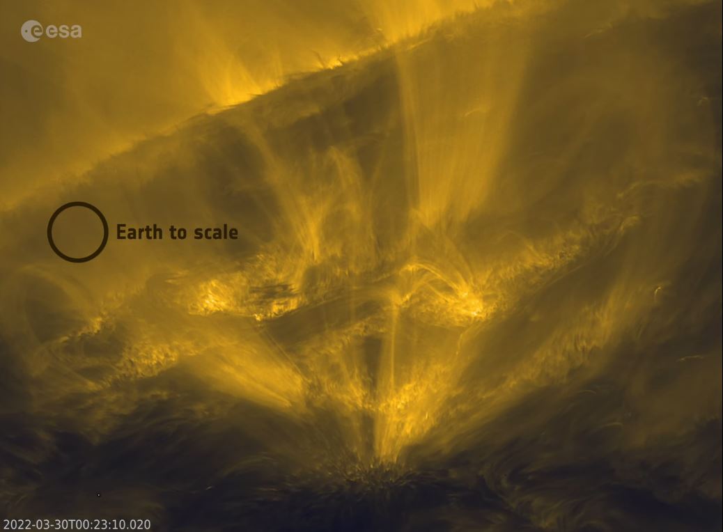 Le « hérisson solaire » est le phénomène présent au bas de l'image et au centre (voir vidéo ci-dessous) Crédits : ESA & NASA/Solar Orbiter/EUI Team 