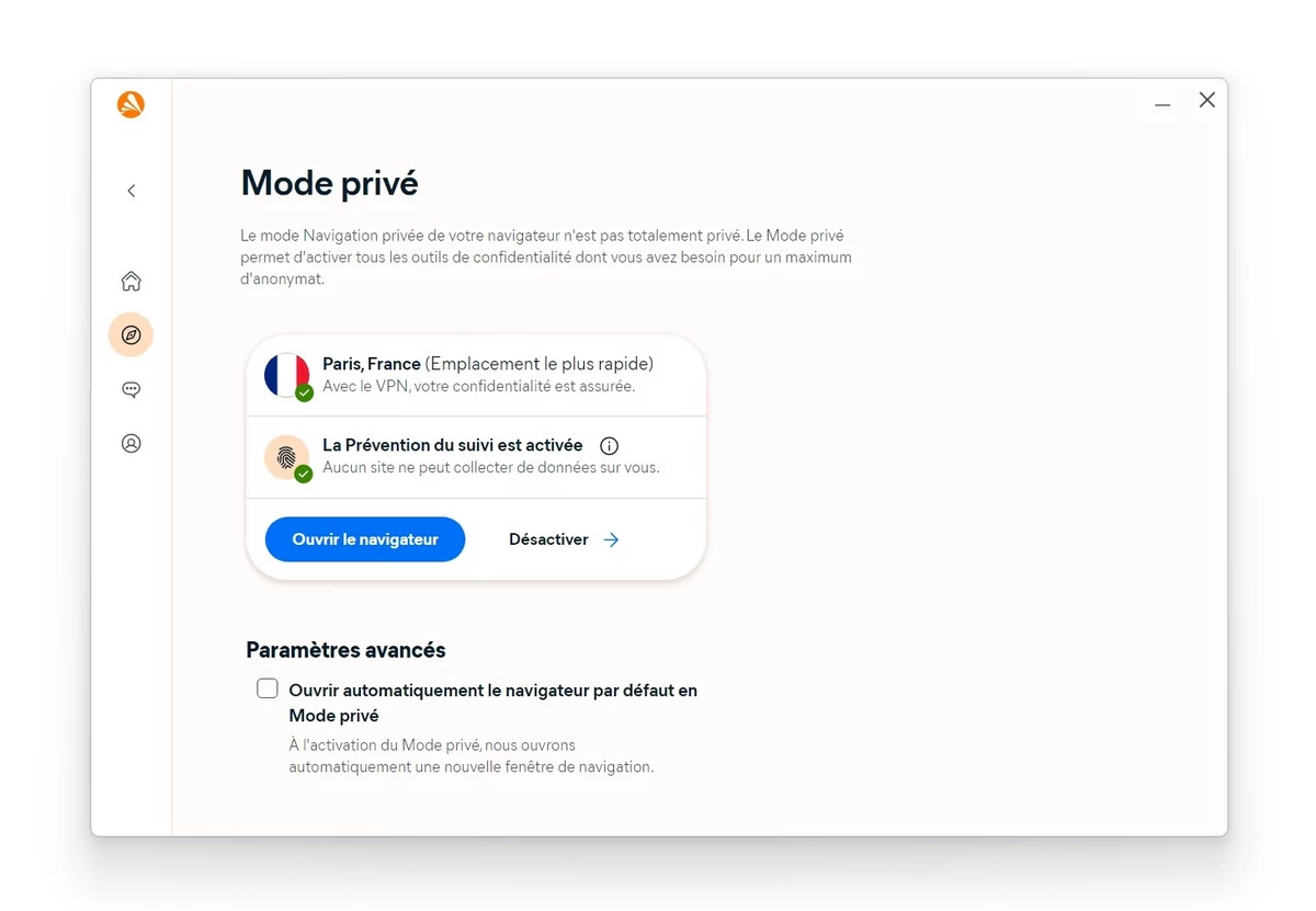 Avast One mode privé