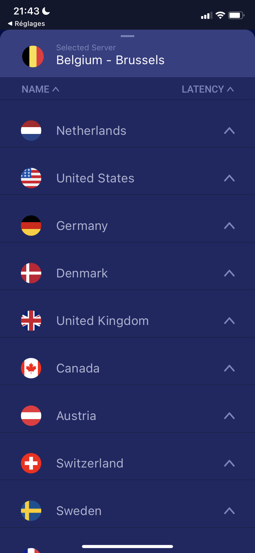 PrivadoVPN - La liste des pays sur Android