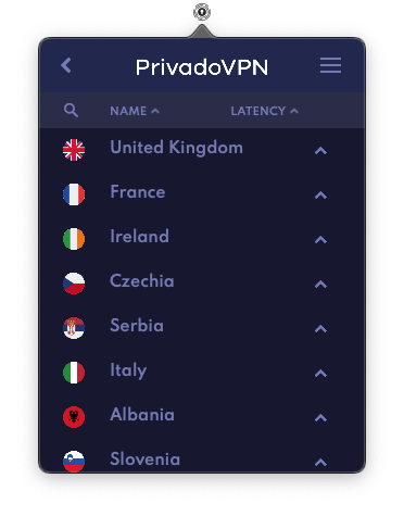 PrivadoVPN - Les emplacements de connexion disponibles