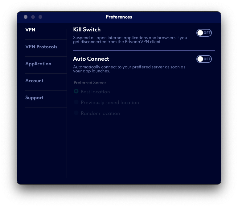 PrivadoVPN préférences
