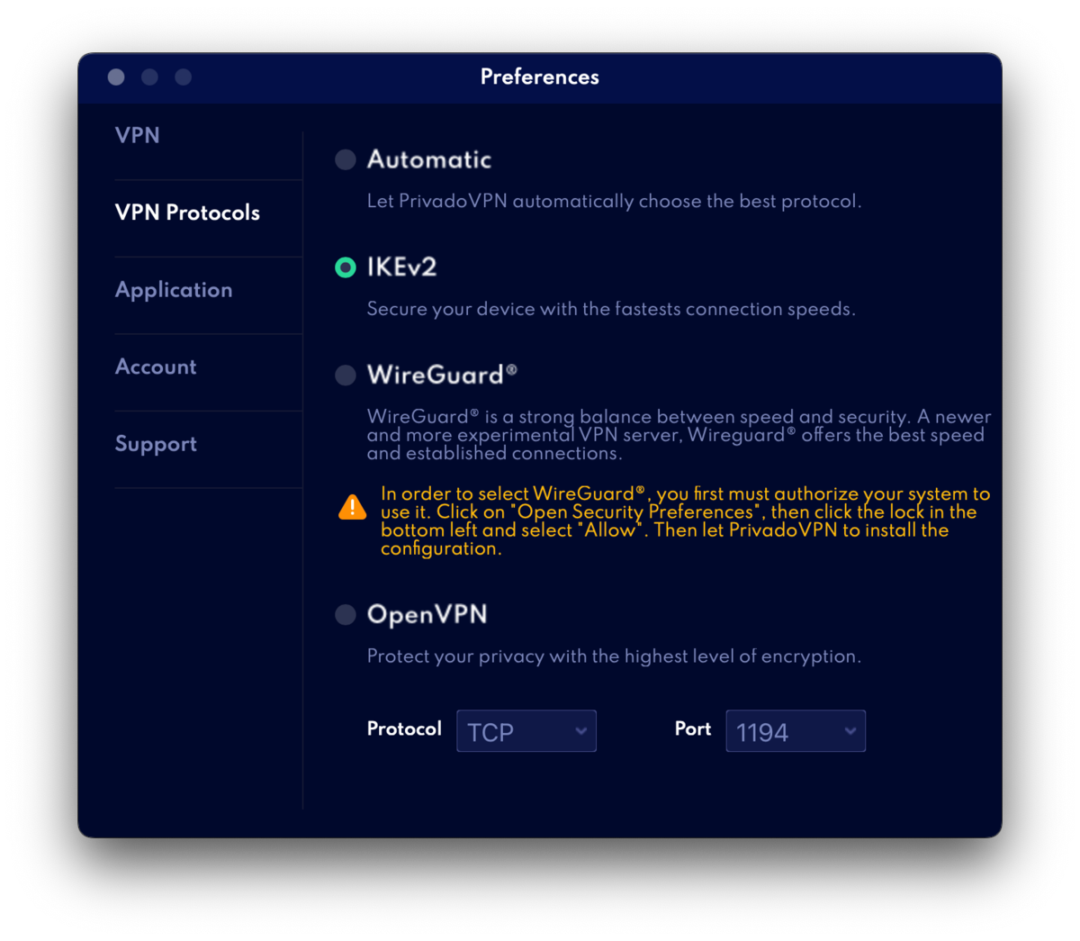 PrivadoVPN preferences