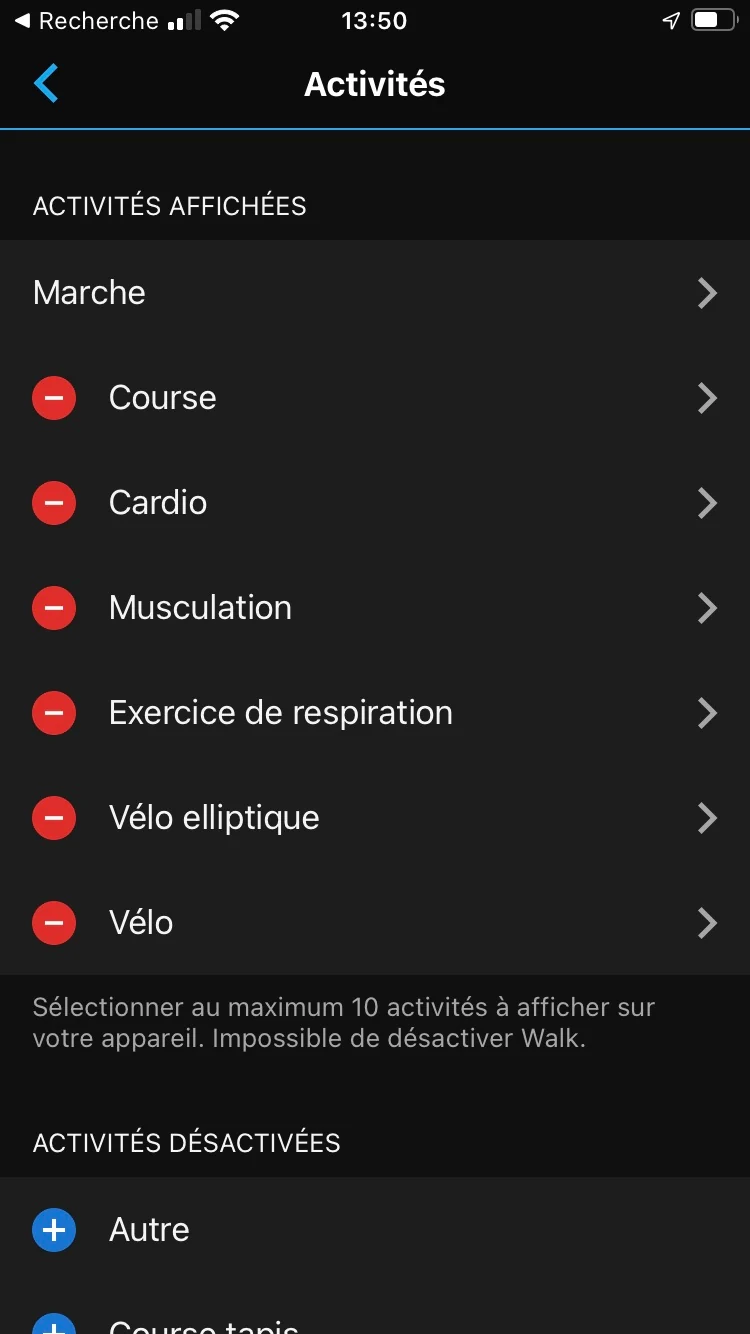Garmin Connect - Liste profils sportifs © Johan Gautreau