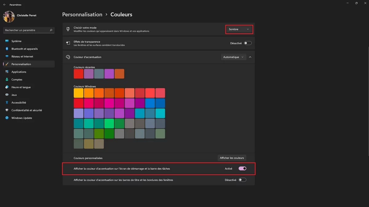 Windows 11 couleur accentuation