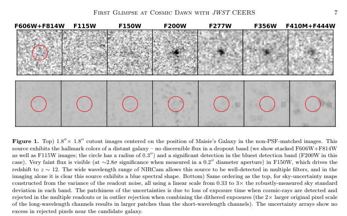 Galaxies lointaines James Webb article © A Long Time ago in a galaxy far far away, A candidate Z12 Galaxy in Early JWST Ceers imaging, Finkelstein et Al. 2022