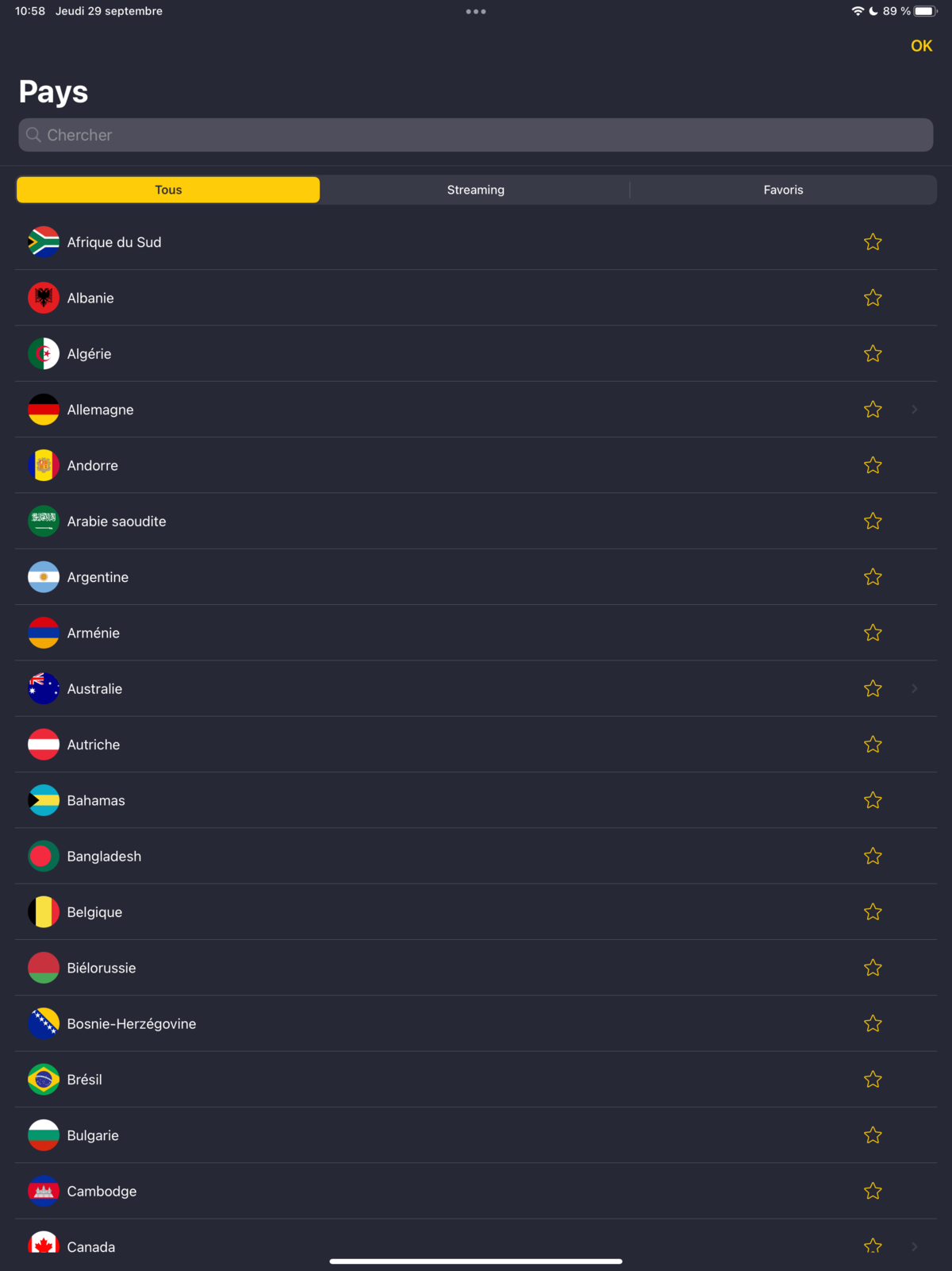 CyberGhost - La liste des pays sur iOS