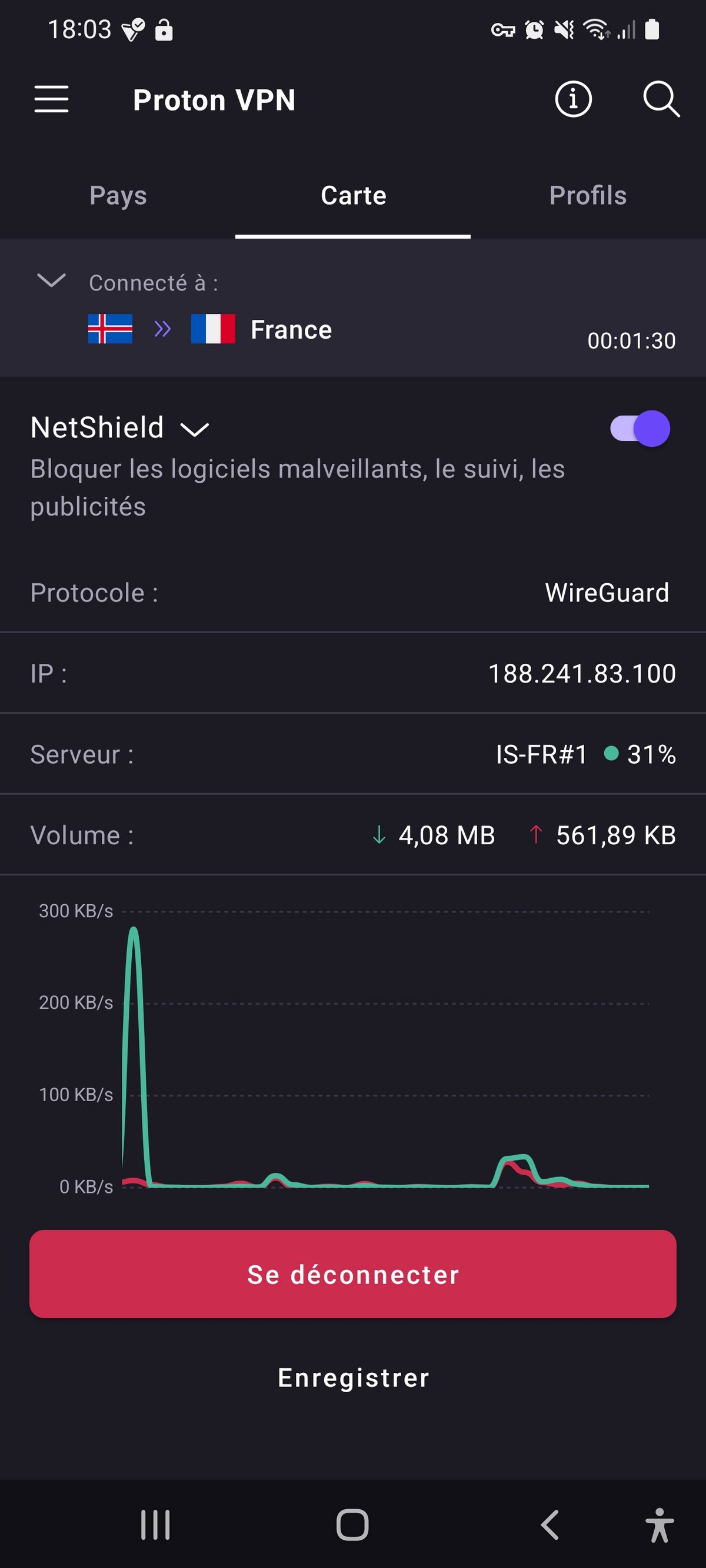Proton VPN - Le détail de la connexion sur Android